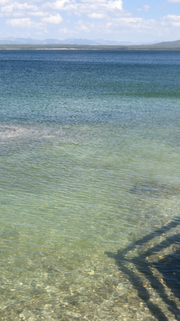 An underwater geyser spout can be seen through the clear green and blue thermal water of Lake Yellowstone on the left edge. The shadow of a wooden walkway points into the water from the right edge. Photo by American photographer Carson Goldsmith, captured in 2022.